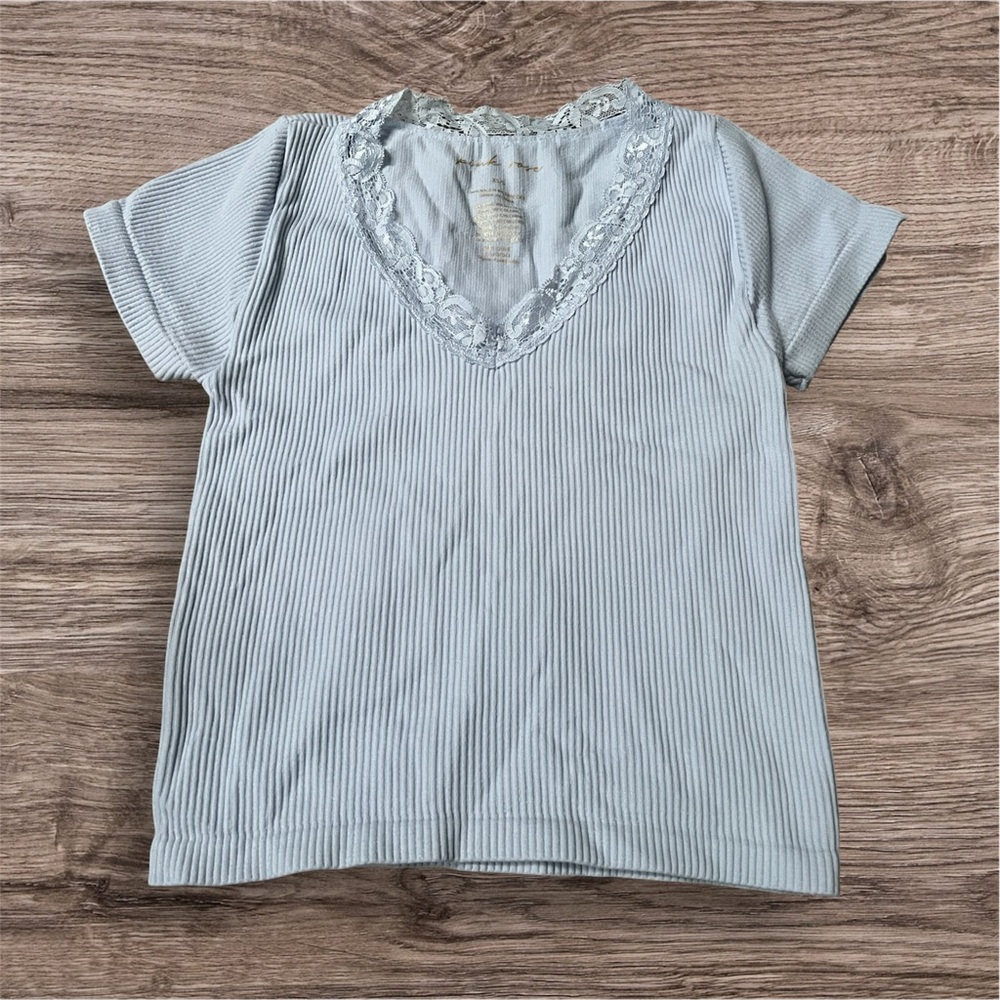 Light Blue Ribbed Lace Trim Top